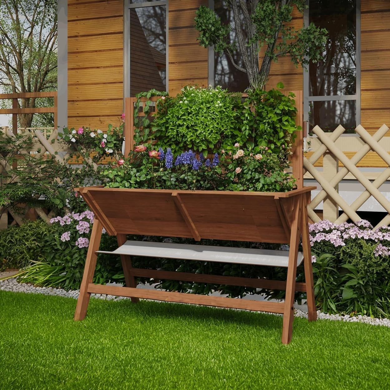 Riedhoff Wooden Raised Garden Bed with Legs, with Trellis, 51.18*29.52*54.5 inch, Brown