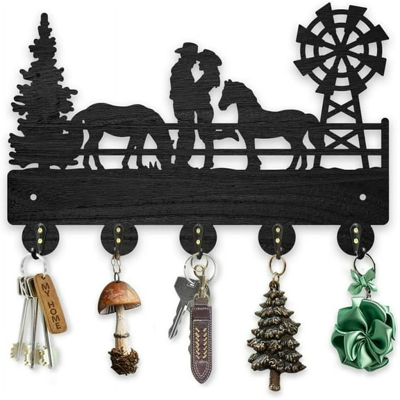 Wood Cowboy Horse Farm Coat Hooks Farmhouse Cowgirl Windmill Key Holder 11.87.9inch Wall Art Decor Gift Black Wall Key Rack Organizer 5 Alloy Hooks