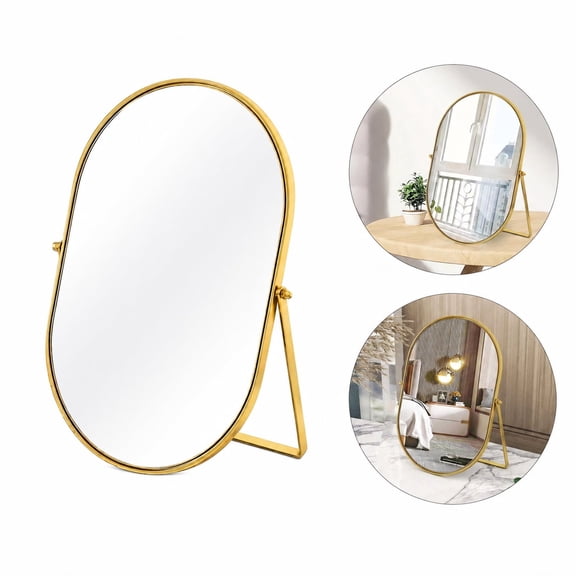 Oval Vanity Desk Mirror, 90° Adjustable Rotation Golden Metal Framed Tabletop Makeup Mirror, Small Mirror for Dresser Bedroom Bathroom Decor