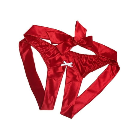 

iOPQO womens underwear Women Satin Silk Bowknot Briefs Thong Crotchless Lingerie Sleepwear Red XXL