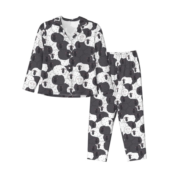 Balery Black And White Sheeps Conjunto de Pijama con Estampado para Mujer, Conjunto de Dos Piezas con Manga Larga, Ropa de Dormir Suave con Bolsillos, Pijamas Cómodos-Large