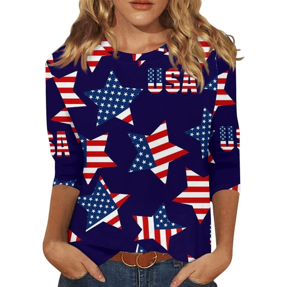 4th of July Shirts Women 3/4 Sleeve T Shirts Casual Red White and Blue Print Pullover USA 250th Anniversary Celebration Party Tops Independence Day Patriotic Round Neck Blouses White XL