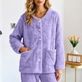 thumbnail image 4 of Moxiu Fleece Bed Jacket for Women Cozy Soft Plush Jackets Floral Texture Pajama Top with Pockets Button Front Lounge Sleepwear Purple,L, 4 of 9