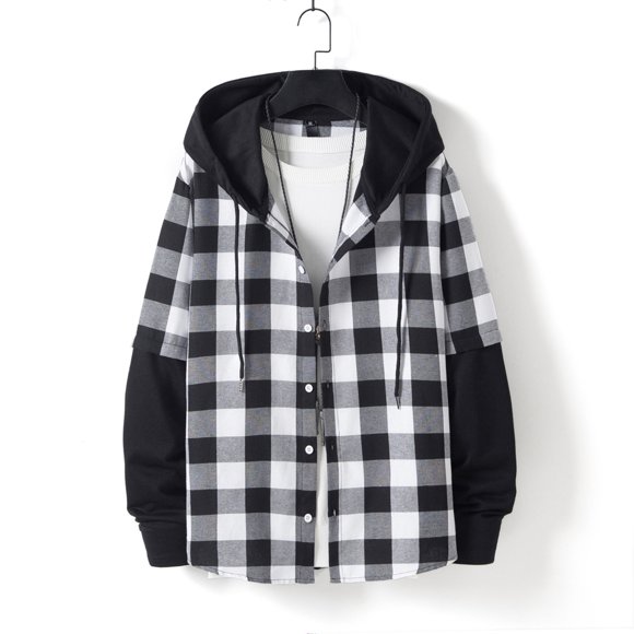 cllios Men's Plaid Hooded Shirts,Lightweight Hooded Flannel Shirt Jacket Plaid Shirt for Men Casual Drawstring Jackets Button Down Hoodie Sweatshirt Black XL