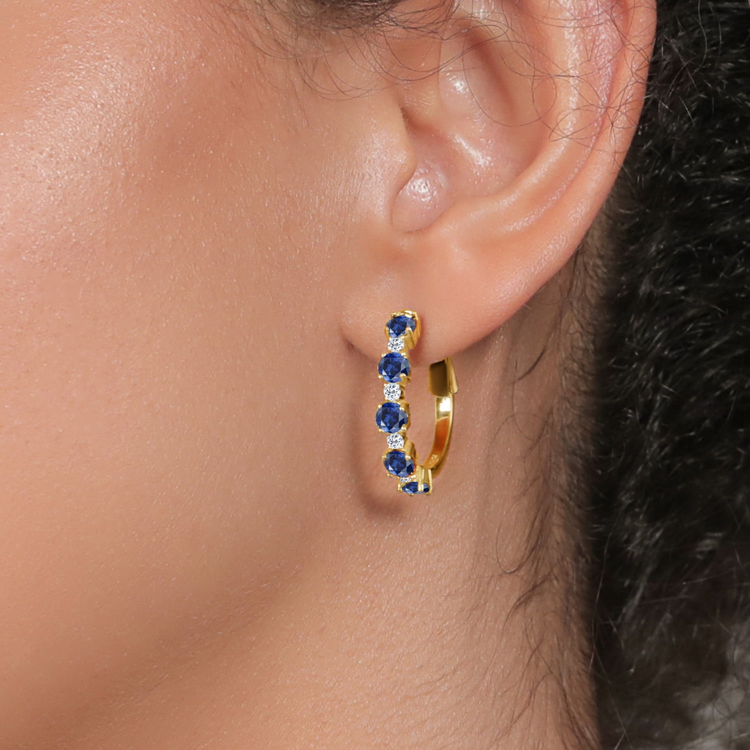 Gem Stone King 18K Yellow Gold Plated Silver Blue Created Sapphire and White Topaz Hoop Earrings for Women (2.82 Cttw, Round 4MM and 1.9MM, Gemstone Birthstone 1 inch Diameter)
