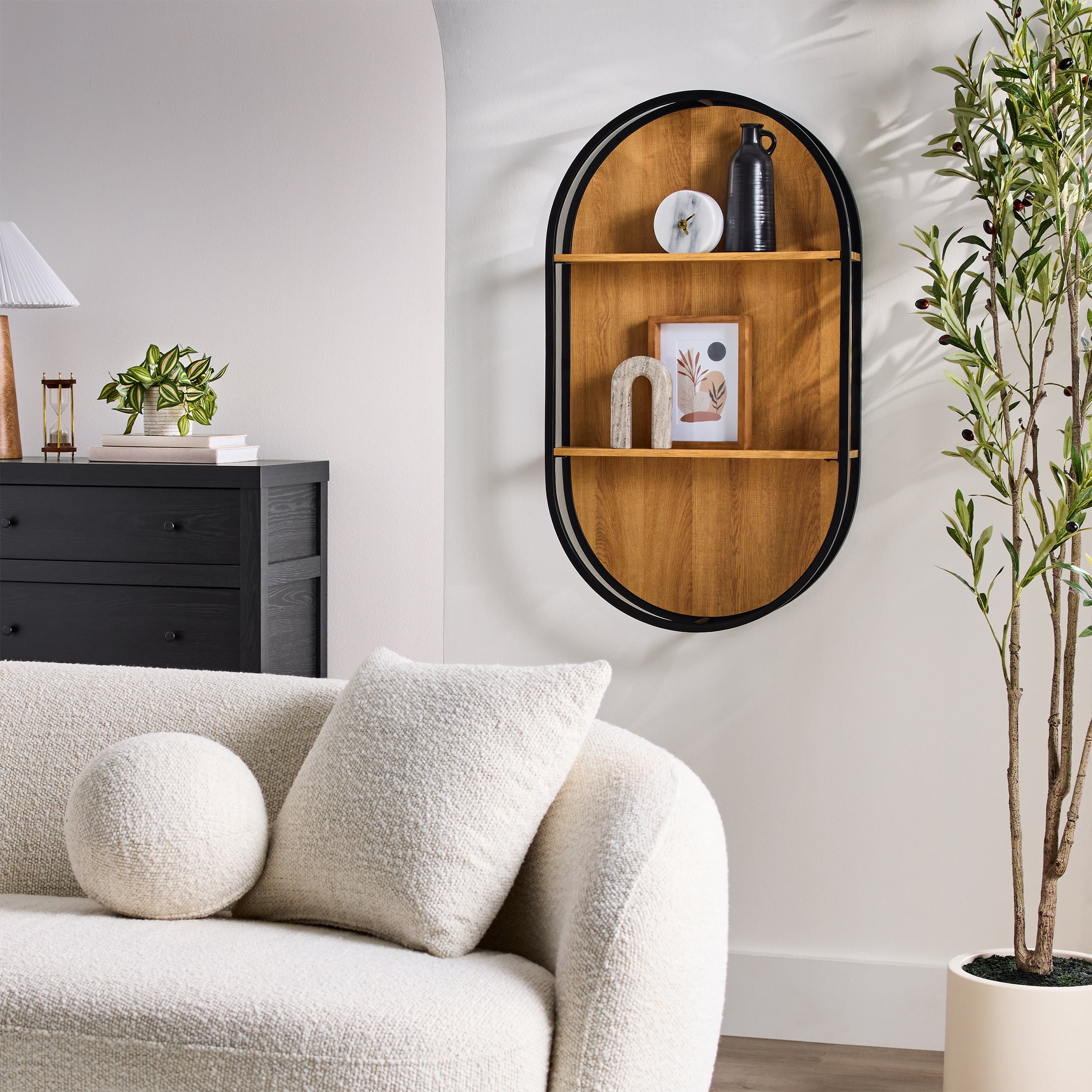 Better Homes & Gardens Open Frame Arch Shelf, Black Metal and Light Honey Finish
