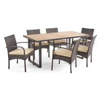 GDF Studio Rudolph Outdoor Acacia Wood and Wicker 7 Piece Dining Set with Cushion, Teak, Multibrown, and Cream