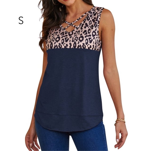 Jumpingount HUBERY - Camiseta sin mangas con cuello en V y costuras de leopardo para mujer Prendas para la parte del cuerpo Azul S Jumpingount AP002393-11
