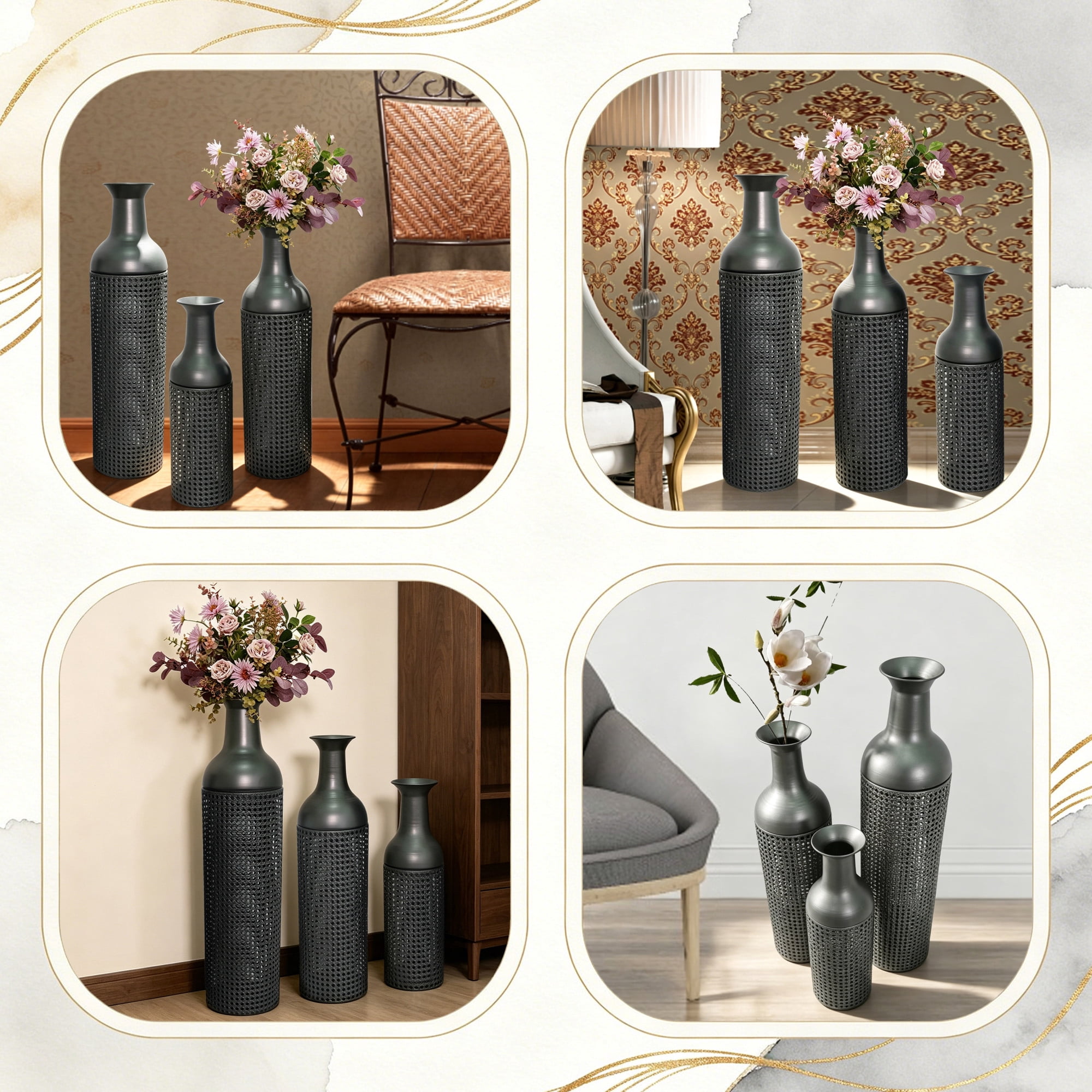 Leumius Decorative Metal Vases Set of 3, Black Grey Leaf Pattern Floor Vases, Black & Grey Tall Vases for Home Decor, Living Room Entryway Decor