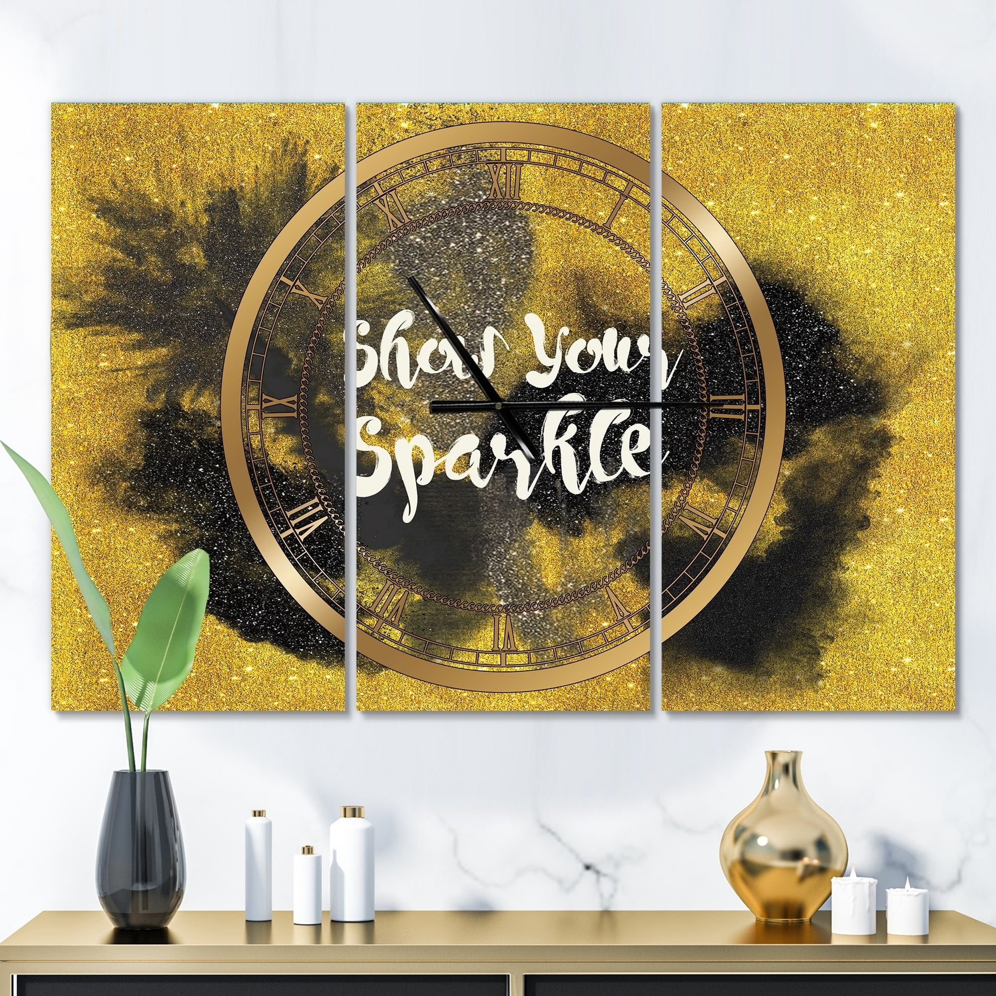 Designart 'Show Your Sparkle Quote Black on Gold' Traditional Wall Clock