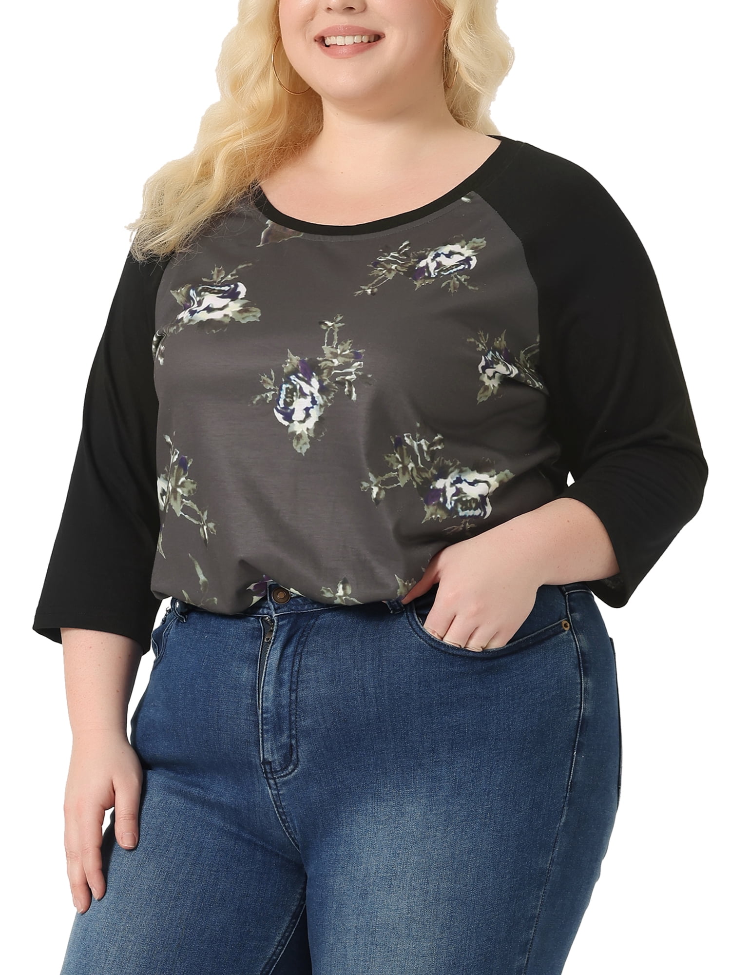 DARING DIVA Women's Plus Size Raglan Crewneck 3/4 Sleeve Floral Tunic Tee 4X Coffe