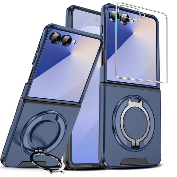Dteck Case with Front Tempered Glass Screen Protector for Samsung Galaxy Z Flip 8,Shockproof TPU PC Case Built-in with Ring Grip Holder Kickstand Protective Cover,Blue