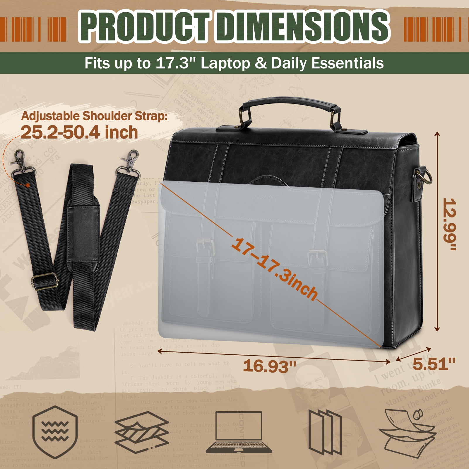 RAINSMORE Mens Messenger Bag 17 Inch Vintage Leather Laptop Briefcase Magnetic Closure Large Satchel Computer Shoulder Bag,Black