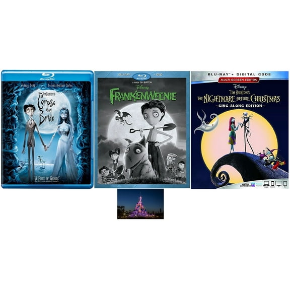 Tim Burton Animated Triple Feature Corpse Bride   Frankenweenie   Nightmare Before Christmas 3 Movie Blu Ray Bundle Disney with Magic Kingdom Art Card
