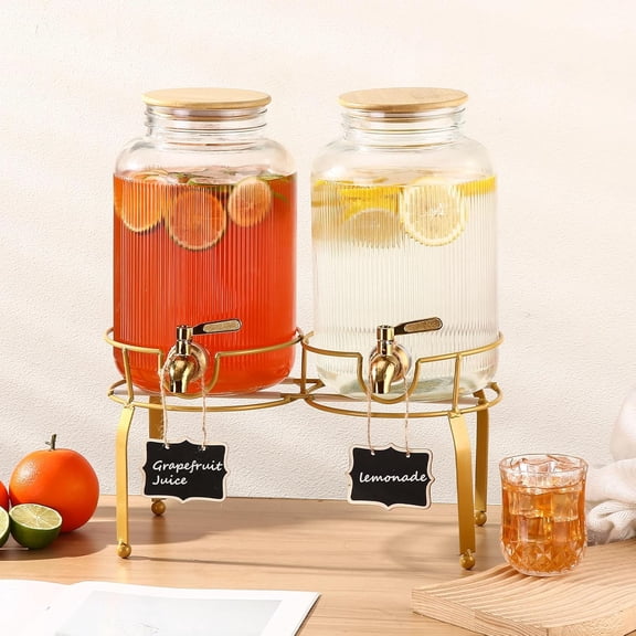 1 Gallon Glass Drink Dispenser with Stand, 2pack Drink Dispensers For Parties, Beverage Dispenser With Bamboo Lid and Stainless Steel Spigot Leakproof, Use On Sun Tea, Juice, Lemonade Dispenser