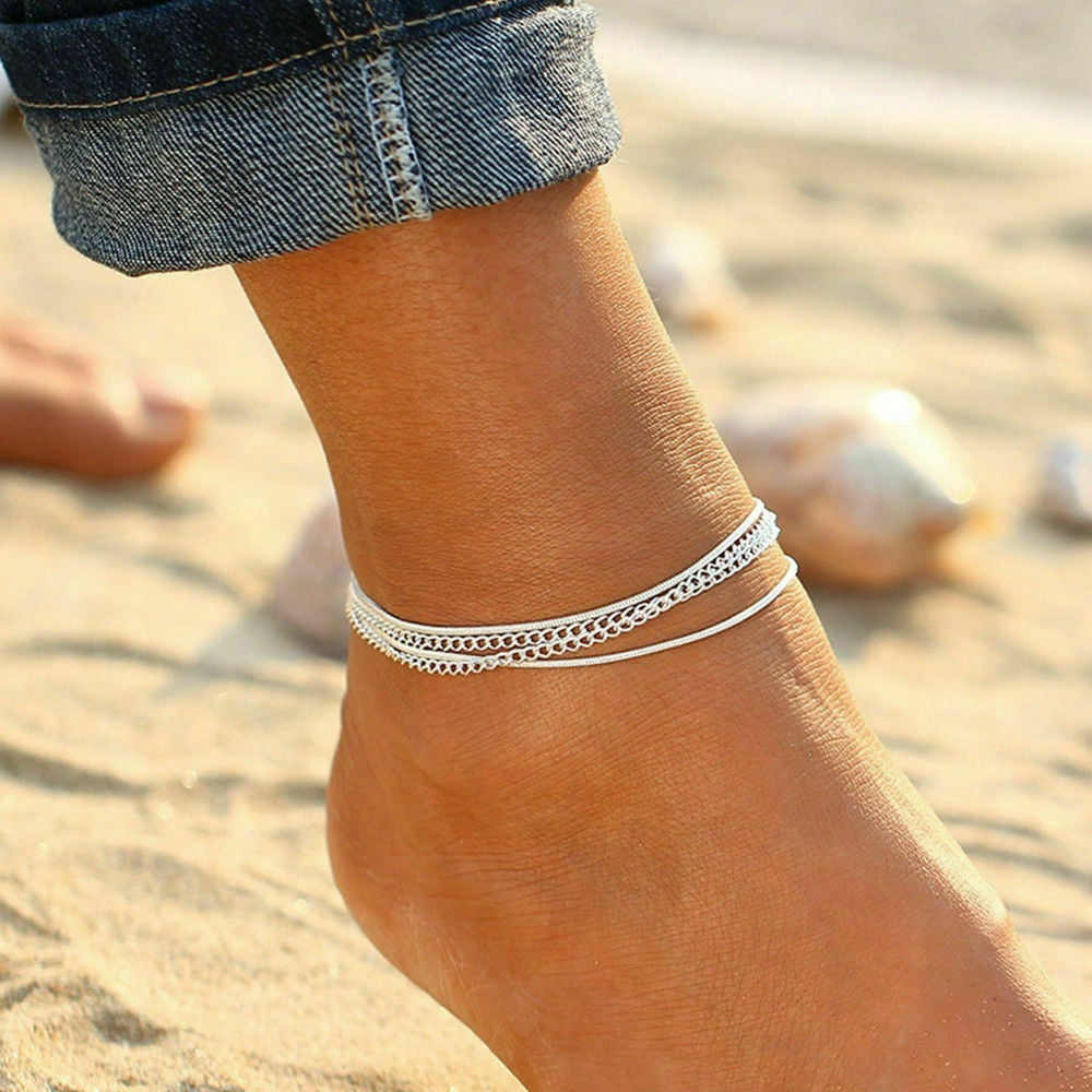 Anklets for women Charm Ankle Bracelet Pack Bohemian Barefoot Jewelry Cuban Link Chain Multilayer Beach Foot Jewelry Gold Silver
