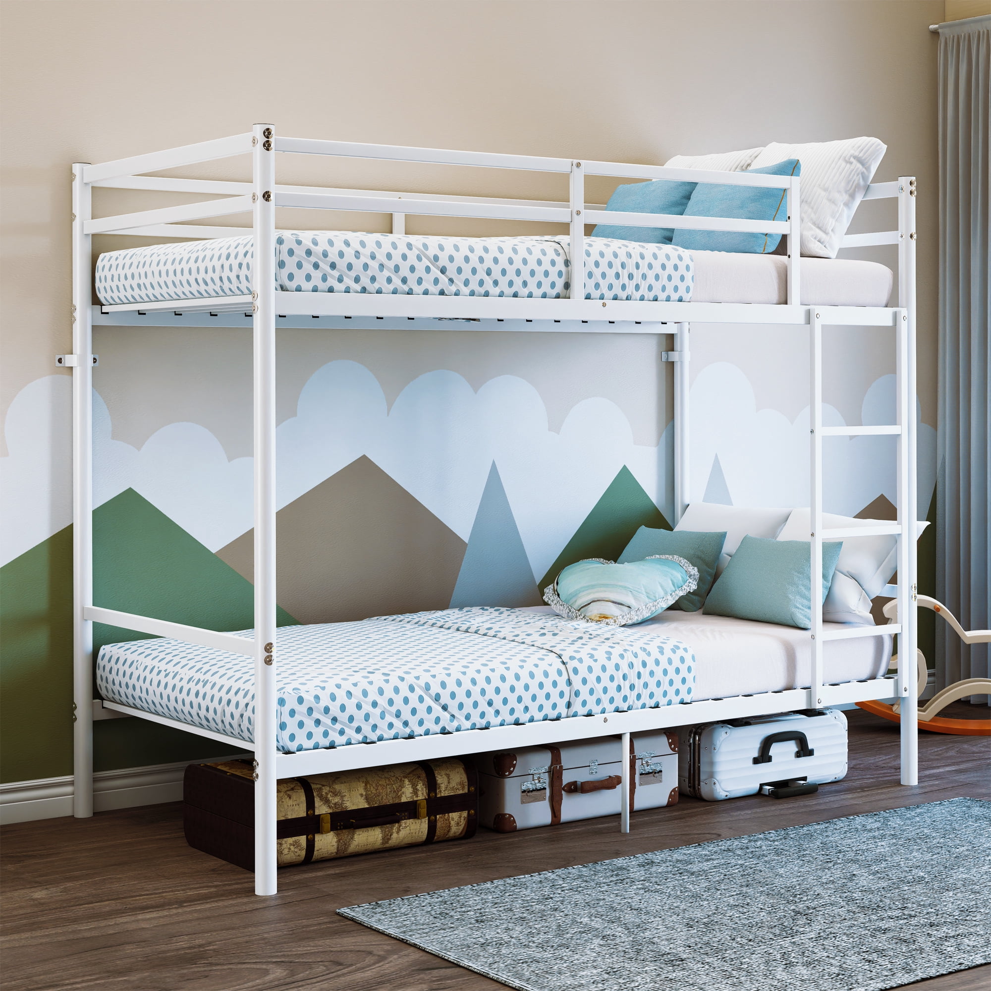 Leumius Metal Bunk Bed Frame,Twin Over Twin Bunk Bed with Ladder and Full-Length Guardrail, Heavy Duty Steel Bunk Bed, No Box Spring Needed,White