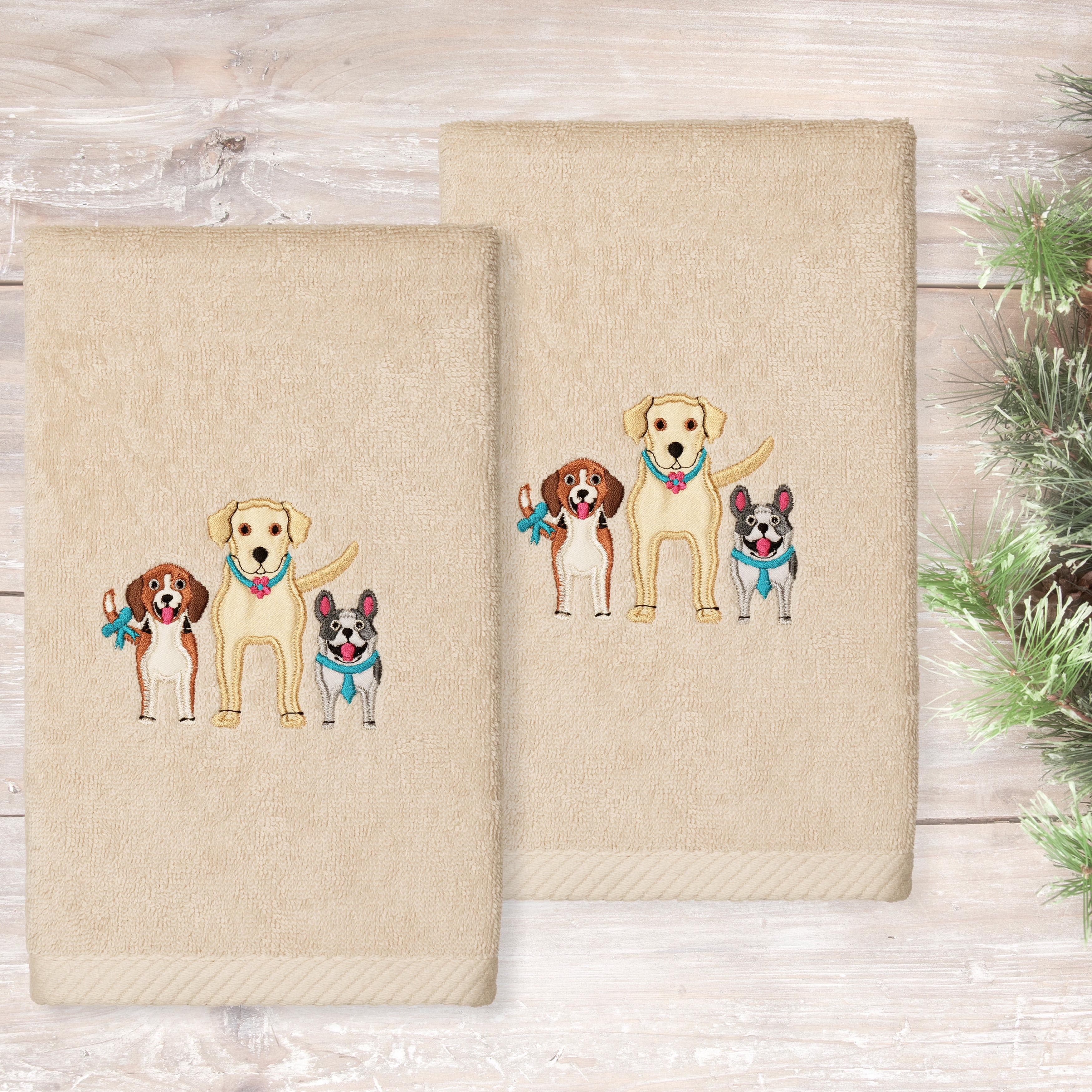 Linum Home Textiles Dogs Embroidered Luxury 2 Piece Turkish Cotton Hand Towels, 16" x 30", Sand Beige