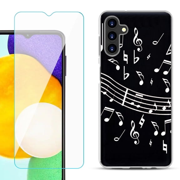 Slim-Fit TPU Fashion Phone Case for Samsung Galaxy A13 5G, with Tempered Glass Screen Protector, by OneToughShield ® - Music Notes / Black
