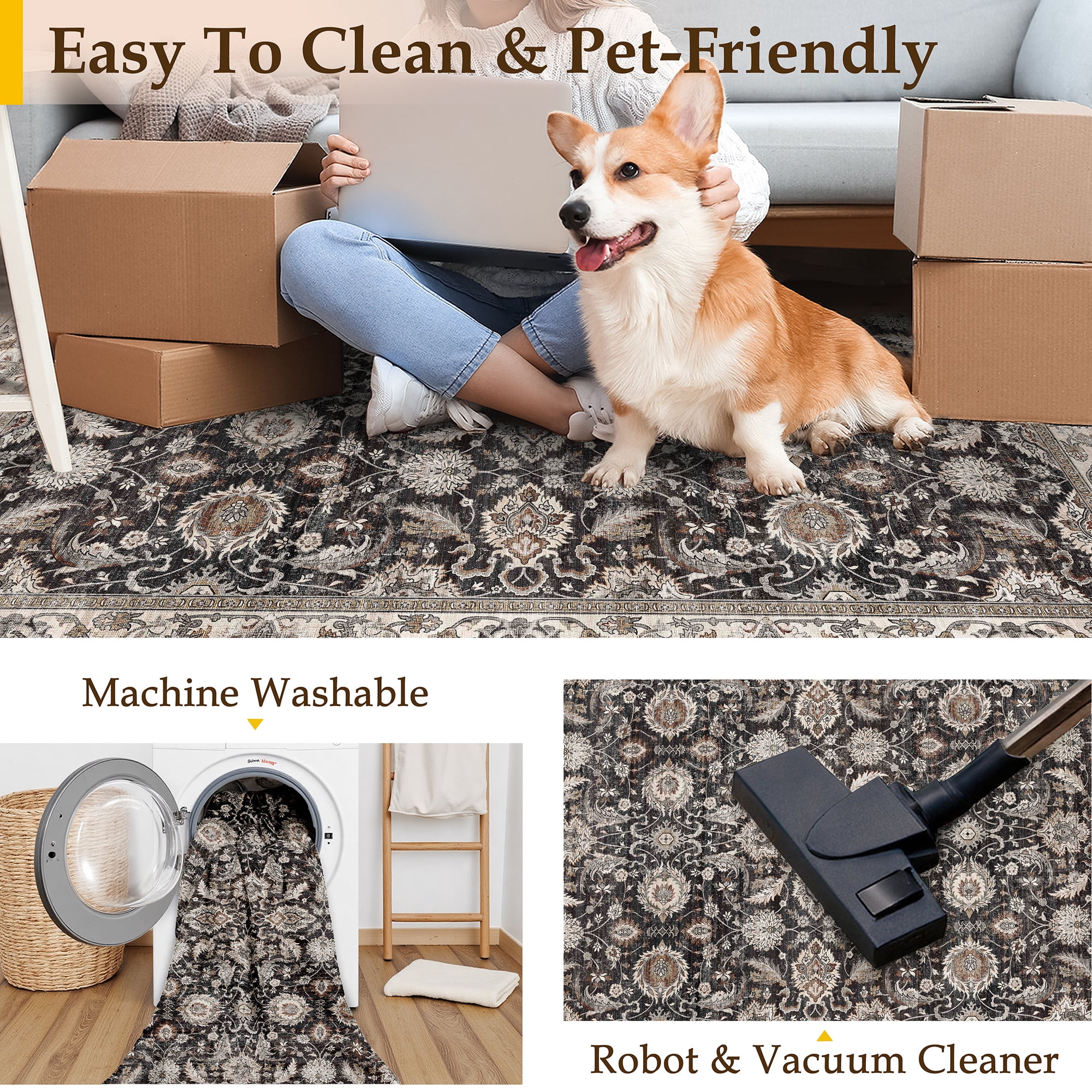 BERTHMEER 8'x10' Area Rugs for Living Room Large Vintage Black and beige Carpets for Bedroom Office Machine Washable Farmhouse Dining Room Oriental Rugs Non Slip Traditional Distressed Rugs