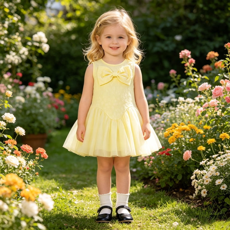 cute summer birthday dresses Tisuna Party Stylish Dress For Girls Toddler Bow Print Sleeveless Crew Neck Fashion Girls Dress Yellow Size 12-18 Months women's dressc PrettyLittleThing Women's Double Layer Color:Pic Pink Flower line cut 2T 3T