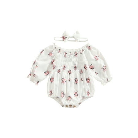 

jaweiwi Infant Girls Romper and Headband Flower Print Long Sleeve Round Neck Jumpsuit Size 0 6 12 18 24 M