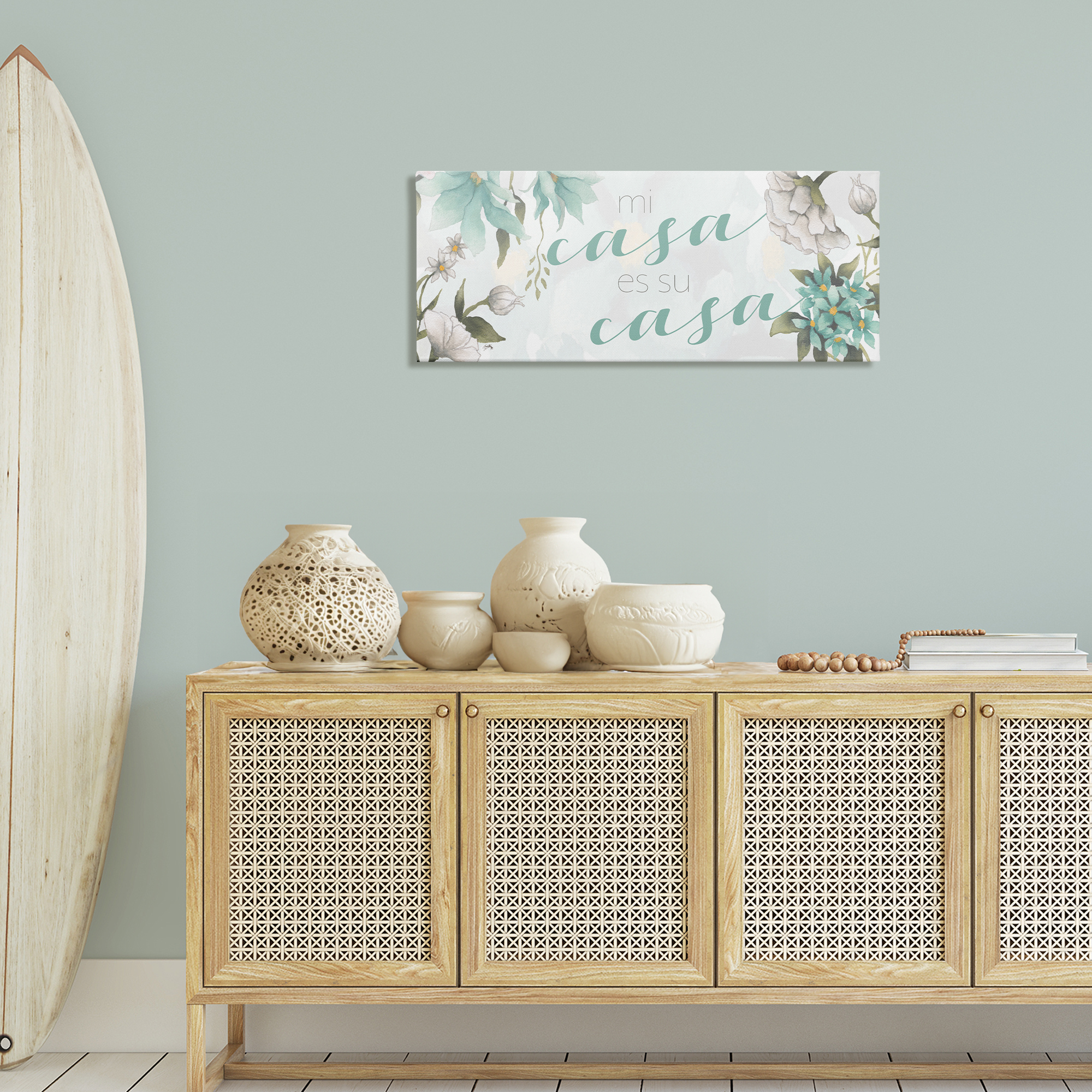 Stupell Industries Mi Casa Su Casa Flores Inspirational Quotes & Sayings Painting Wrapped Canvas Art Print Wall Art, 40 x 17