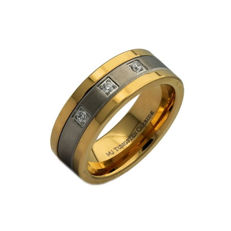 Metals Jewelry Unisex Tungsten Carbide 8mm Gold Plated 3 CZ with Stainless Steel Center Wedding Ring
