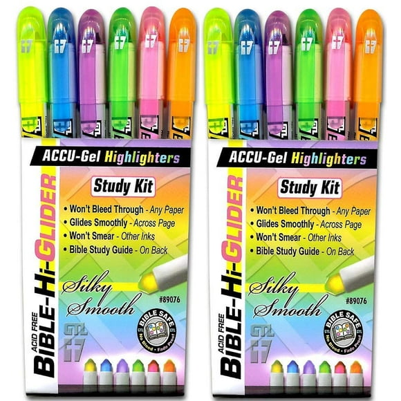 2 Pack - Set of 6 Accu-Gel Study Kit Bible Hi-Glider Highlighters- No Bleed Through!