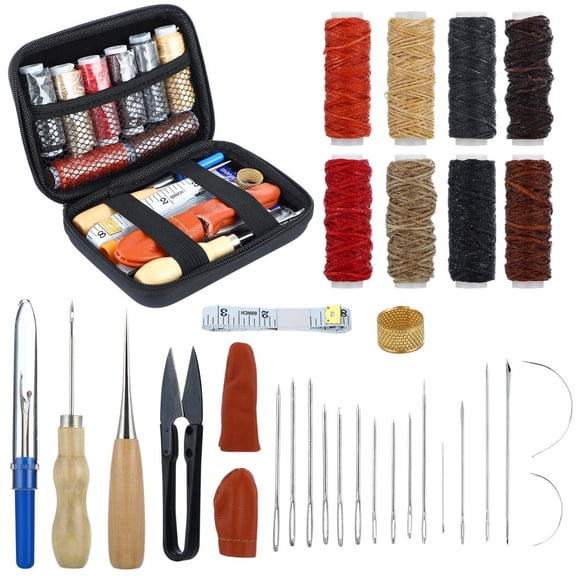 32PCS Leather Working Tools, Leather Craft Kit Leather Sewing Tools, Cutting Mat Stamping Tool with Prong Punch Waxed Thread Stitching Groover for DIY Stitching Cutting Sewing Supplies