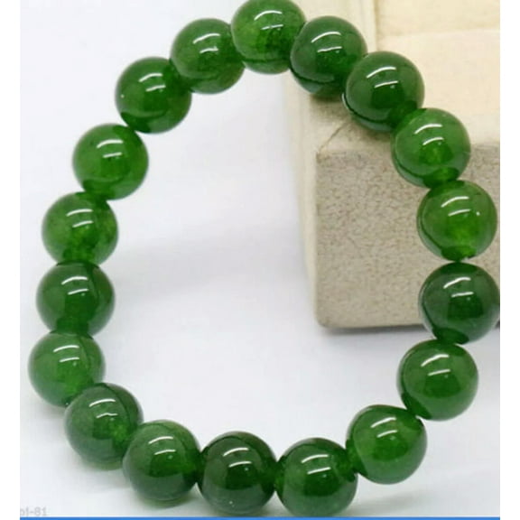 K-KED Natural 10mm Dark Green Jade Round Gems Beads Stretchy Bangle Bracelet 7.5''