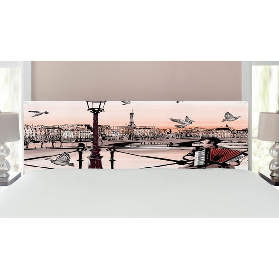 Music Headboard, Accordionist Playing Paris Street Urban European Famous City Panorama Graphic Scene, Upholstered Decorative Metal Bed Headboard with Memory Foam, King Size, Peach Brown, by Ambesonne