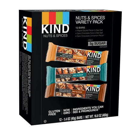 KIND Bars, Nuts and Spices Variety Pack, Gluten Free, 1.4 Ounce Bars, 12