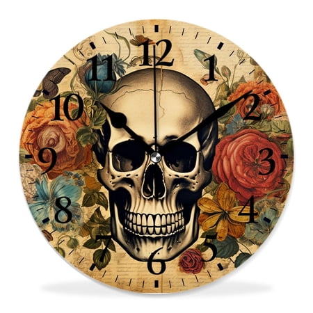 12 Inch Wall Clock Battery Operated Silent Clock Decorative for Office, Kitchen, Outdoor, Living Room，Tatoo Skull on Floral Background Beautiful Design