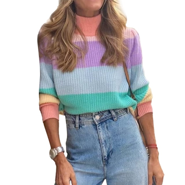 Suéter holgado de cuello alto a rayas para mujer, de manga larga, de punto grueso y cómodo, color rosa, talla M