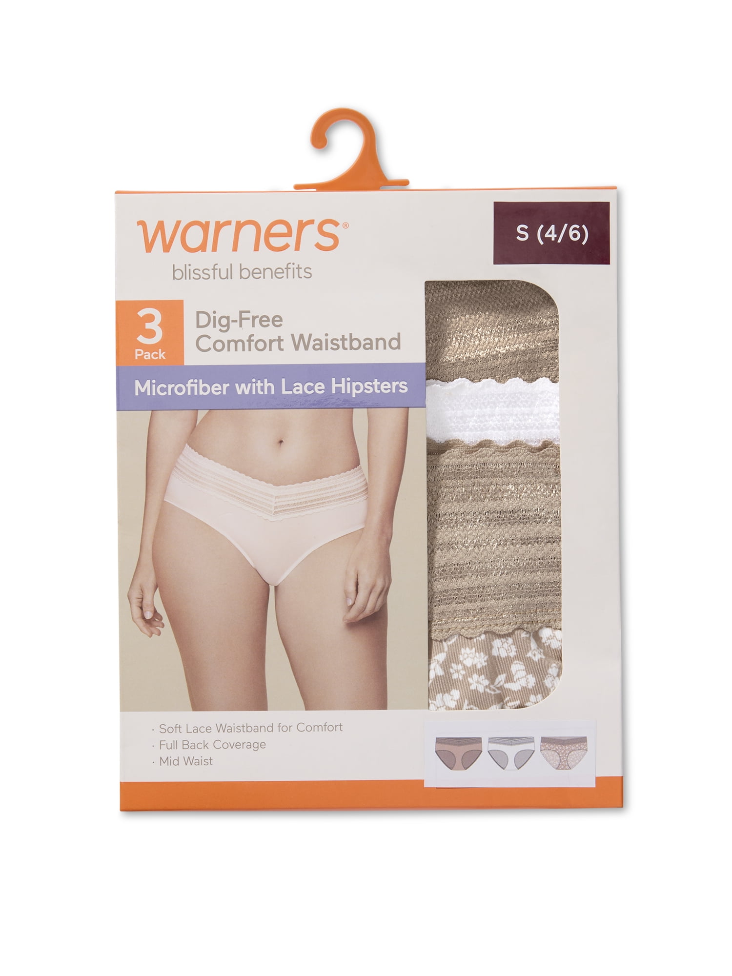 Warners® Blissful Benefits Women's Dig-Free Comfort Mid Waist Microfiber Hipster With Lace 3-Pack S-3XL