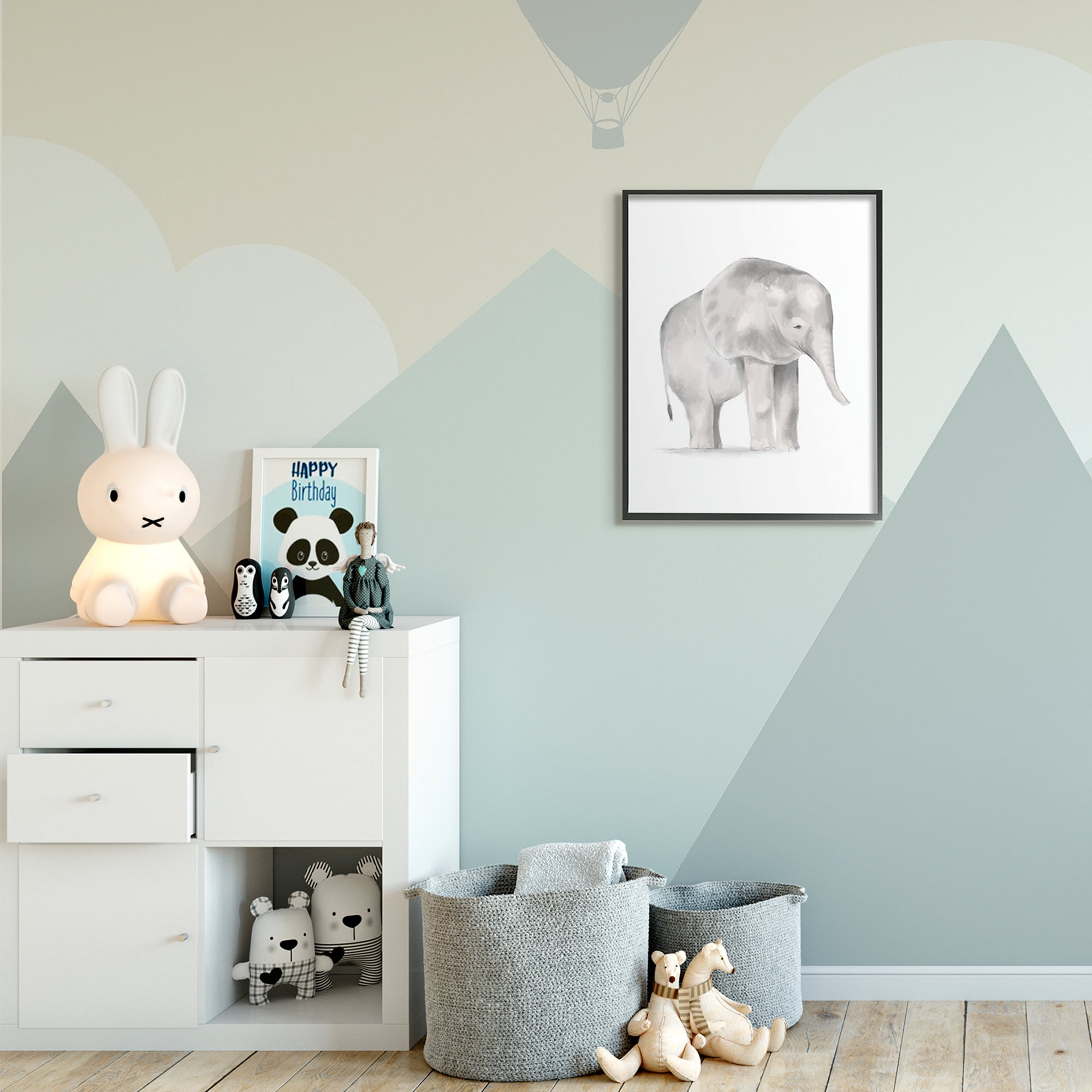 Stupell Industries Standing Baby Elephant Soft Grey Illustration Black Framed, 24 x 30, Design by Daphne Polselli