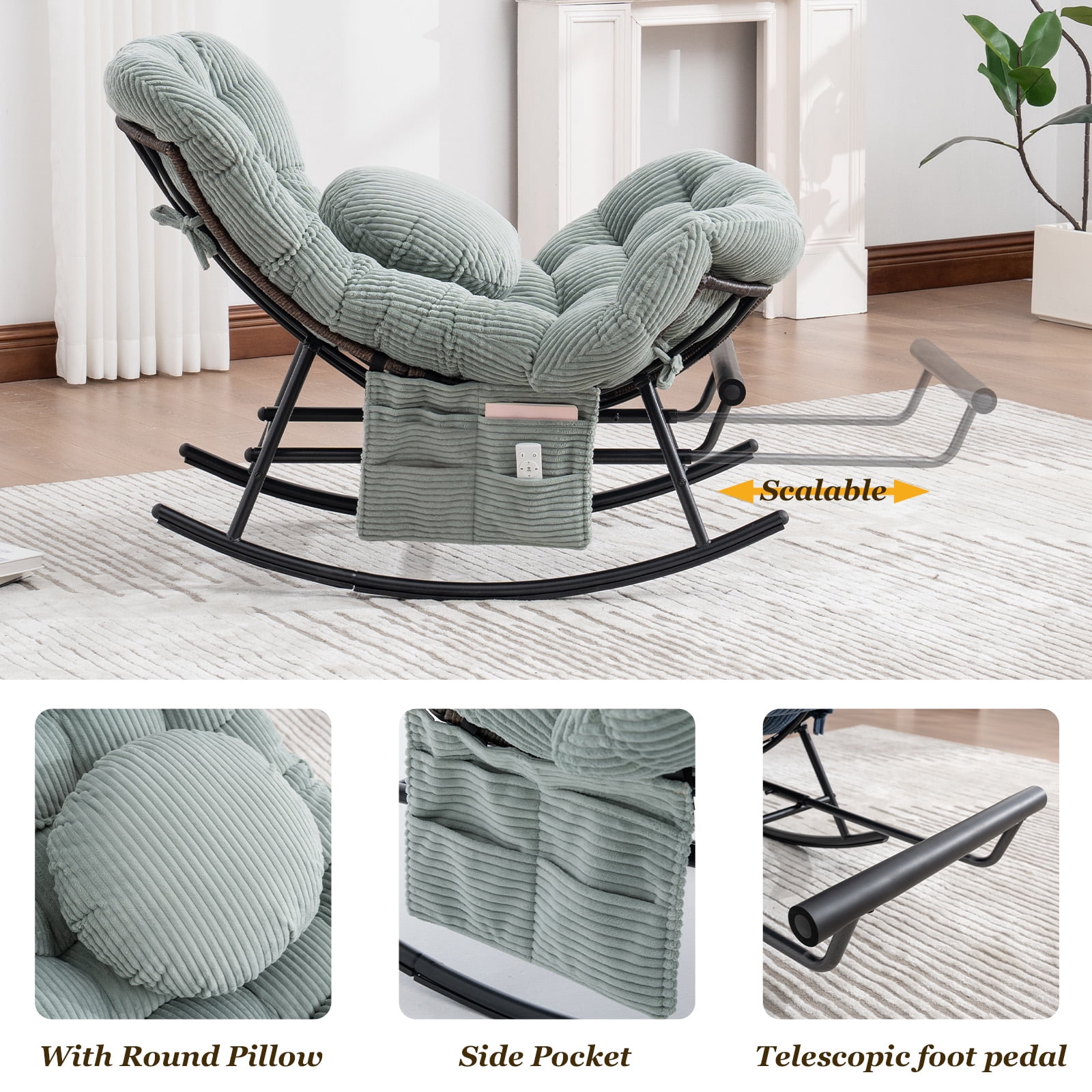 MOONMISS Outdoor Rocking Chair with Footrest, Indoor Oversized Comfort Reading Chair Cover with Cushion, Patio Rocking Chair Lounger, Mint Green