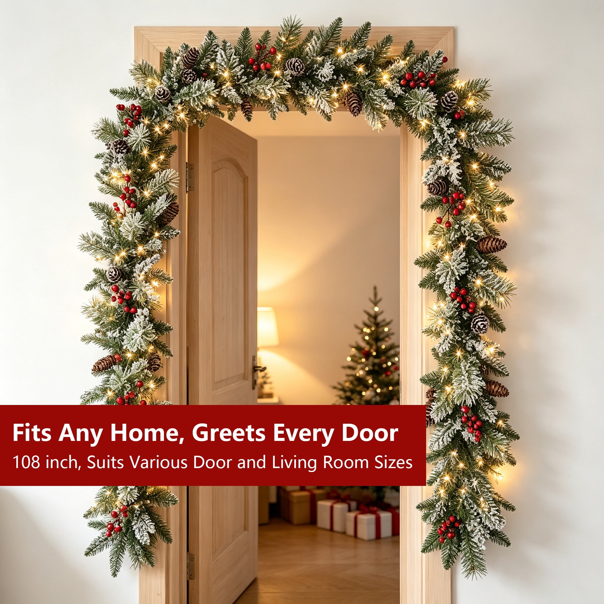 Abble 108" Artificial Christmas Garland, Pre‑Strung Warm‑White LED Lights for Indoor & Outdoor Mantel Stairway Decoration