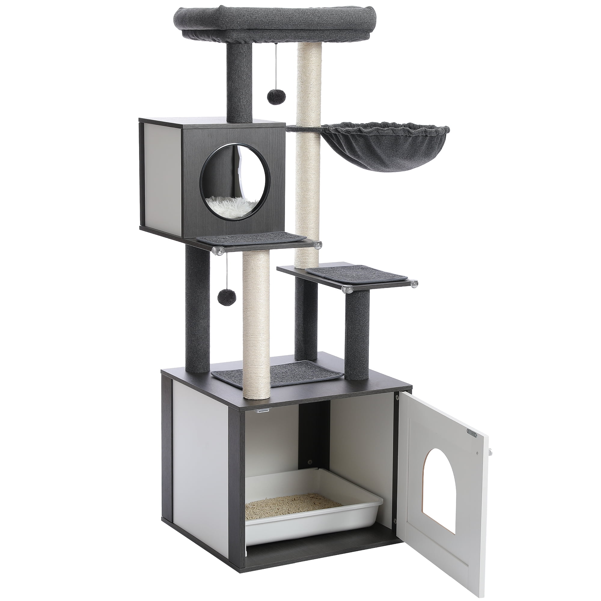 Pefilos 56" Modern Wood Cat Tree for Indoor with Litter Box Enclosure and Cat Condo, Large Cat Tree Tower, Black