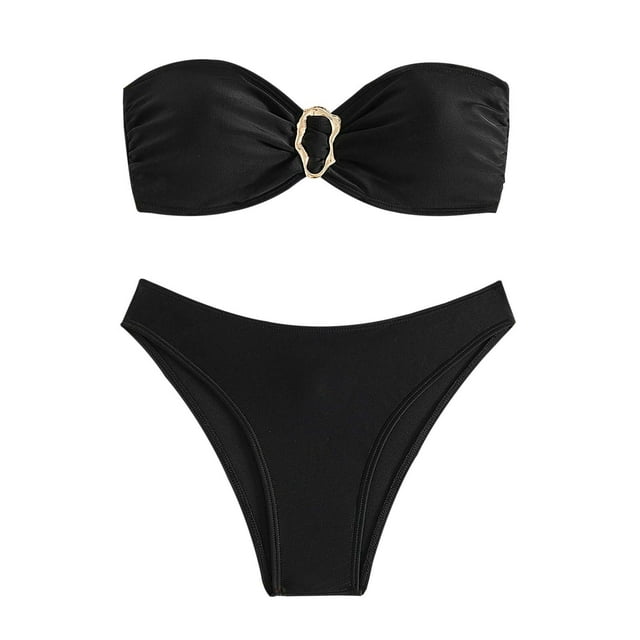 Women's Strapless Solid Color Bikini Swimsuit - Two Piece Design with Chest Pads, Quick Dry Fabric - XS-L Sizes