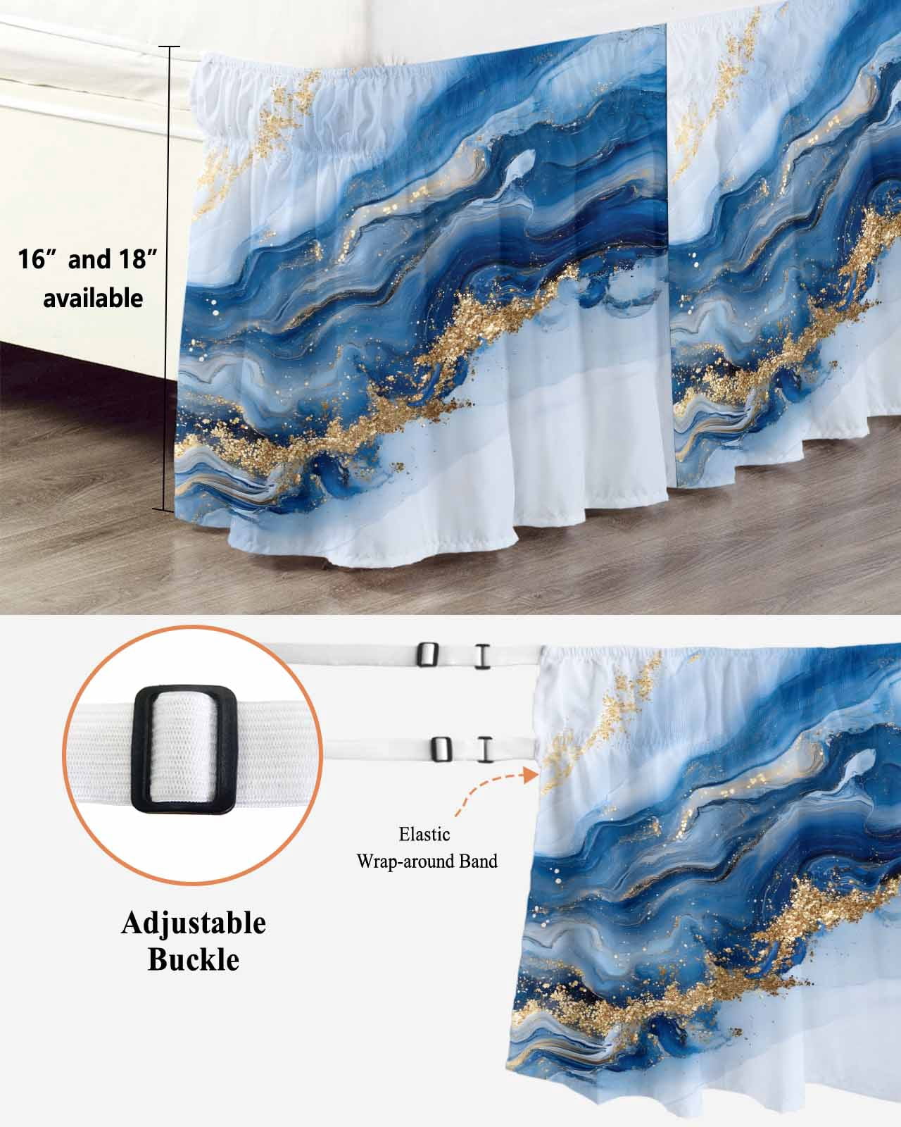 Blue Marble Wrap Around Bed Skirts for Queen Bed 16" Drop, Bed Skirt with Adjustable Elastic Belt Dust Ruffle Bed Valance for Bedroom Hotel Luxury Modern Abstract Art Bed Frame Cover