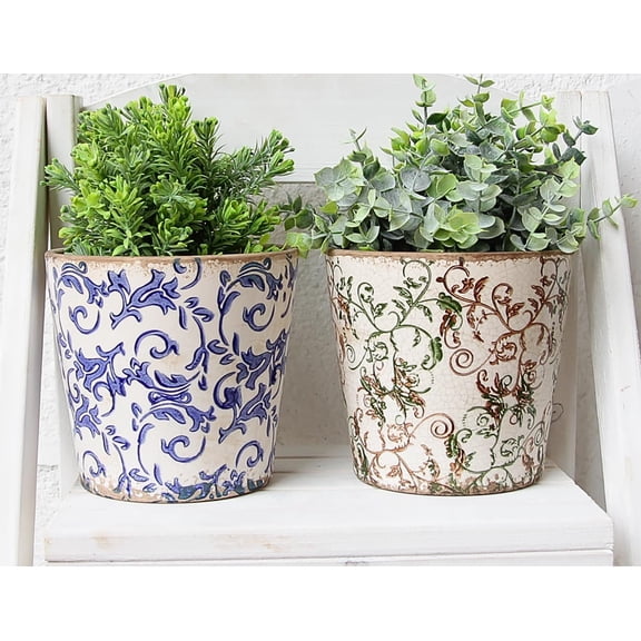 Set of 2 Ceramic Pots for Plants, Vintage Plant Pot with Drainage Hole, Planter for Indoor Plants, Crackle Glaze Finish Flower Pot, Perfect Tuscan Ceramic Planter for Gardening, Blue & Earthy
