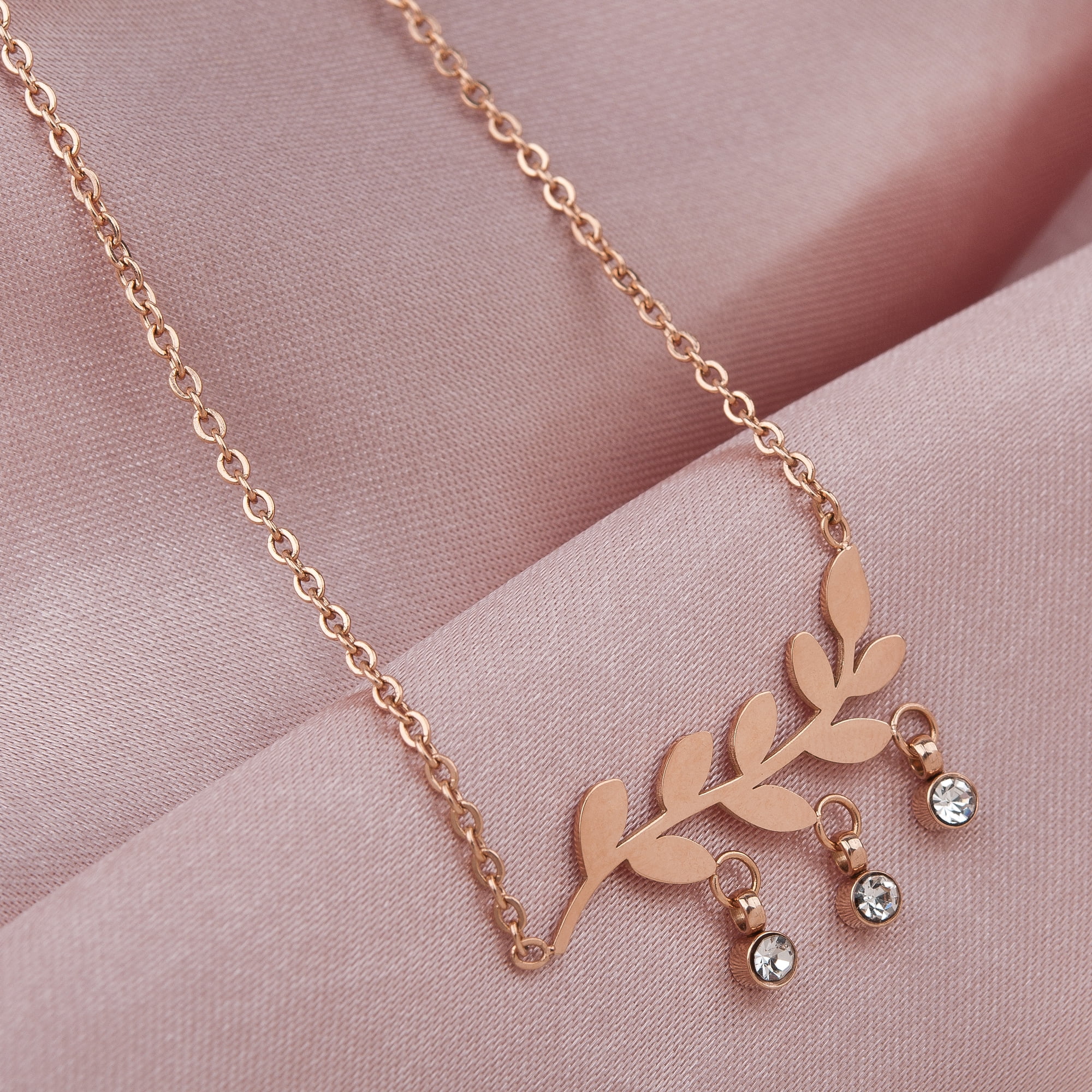 Fashion Rose Gold Olive Leaf Branch Dangling Rhinestone Pendant Dainty Necklace with Free Jewelry Gift Box