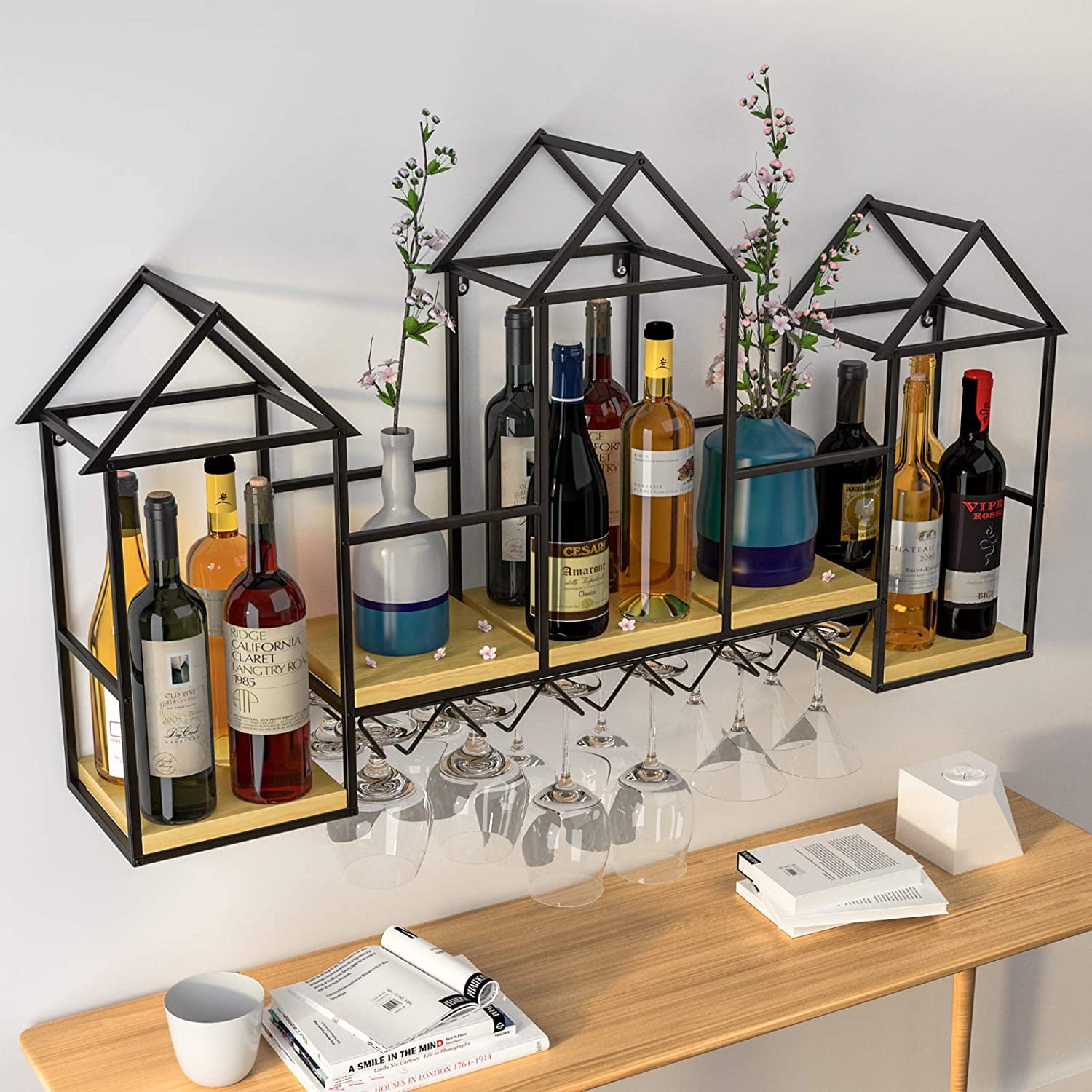 StyleWell Natural Wood and Metal Wall Mounted Hanging Wine Glass Organizer  V191112 - The Home Depot