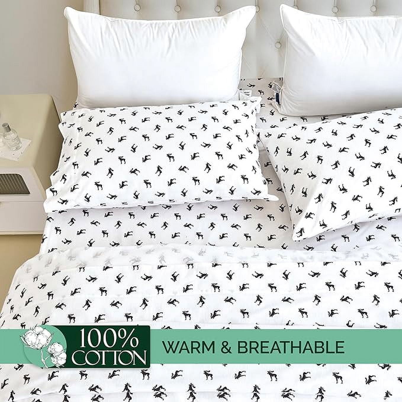 Elegant Comfort - 4 PIECE Holiday Christmas Flannel Cotton Sheet Set, Deep Pocket Fitted - Twin XL, Black Elk