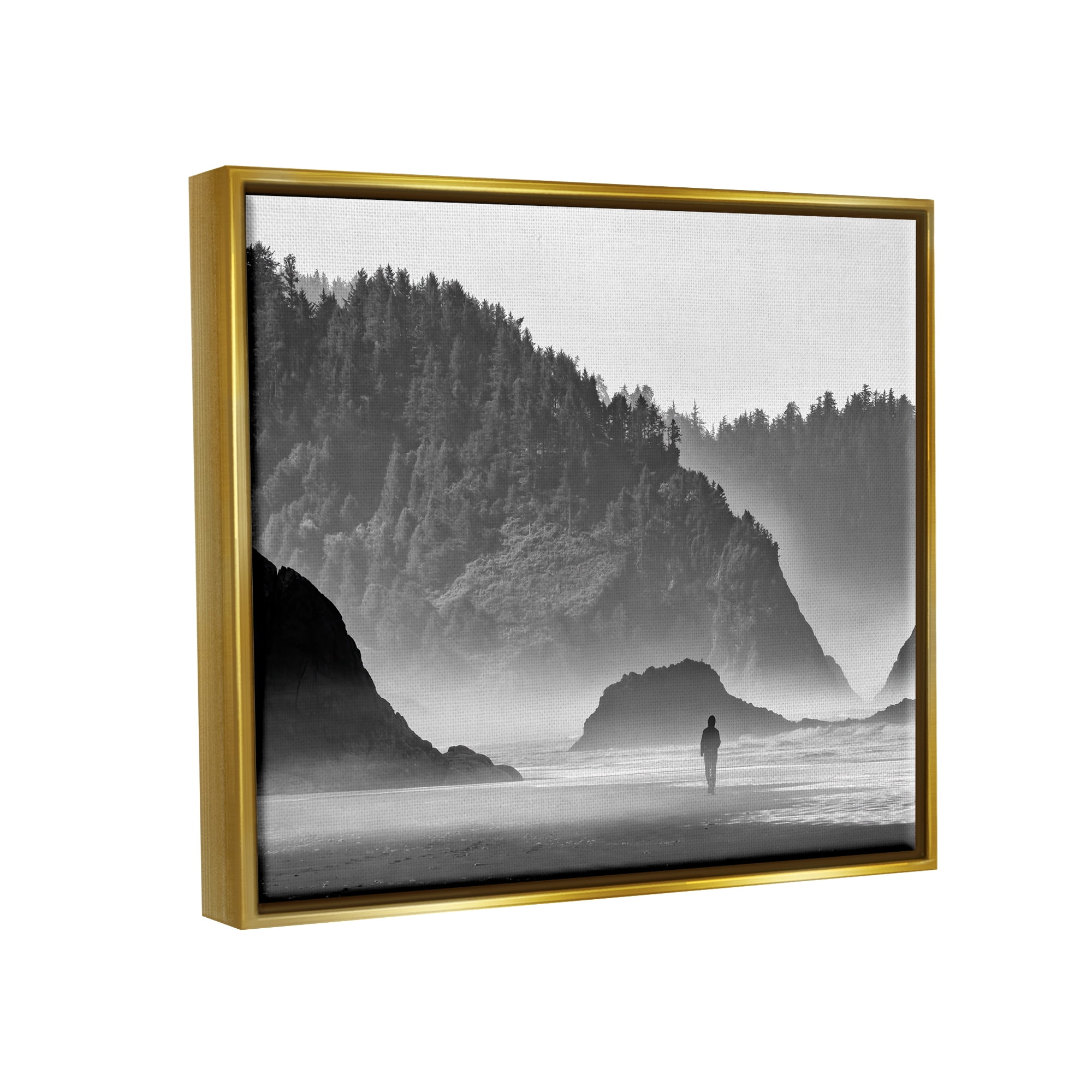 Stupell Person Strolling Rocky Cliff Shoreline Landscape Photography Gold Floater Framed Art Print Wall Art