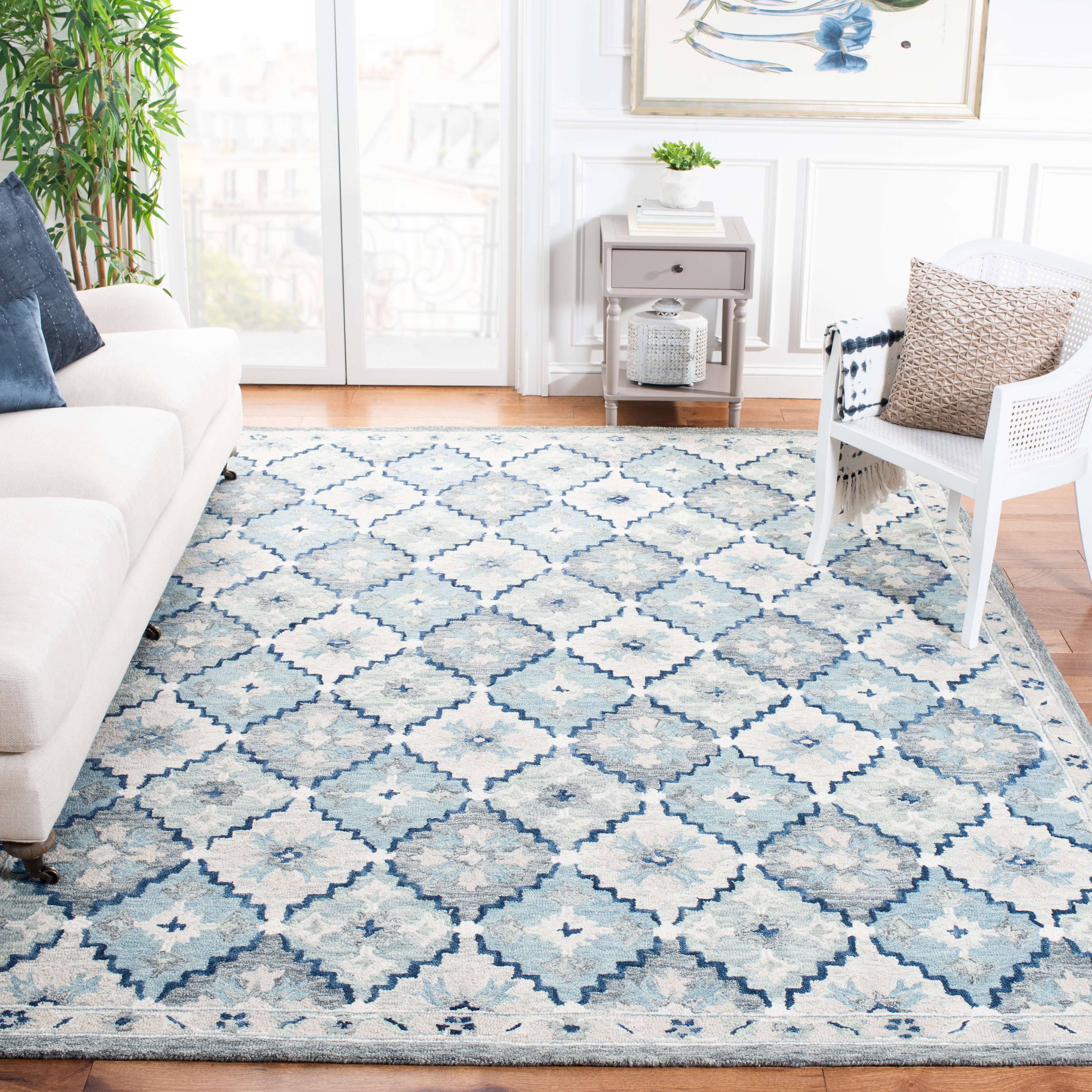 SAFAVIEH Suzani Merletta Geometric Area Rug, Blue/Grey, 9' x 12'