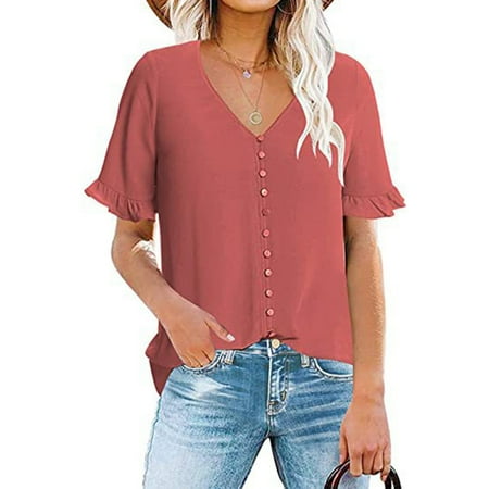 

Blouses for Women Fashion 2023 Fashion Women Casual V-Neck Tops Ruffle Short Sleeve Solid Blouses T-Shirts Blouses for Women Dressy Casual Watermelon Red XL