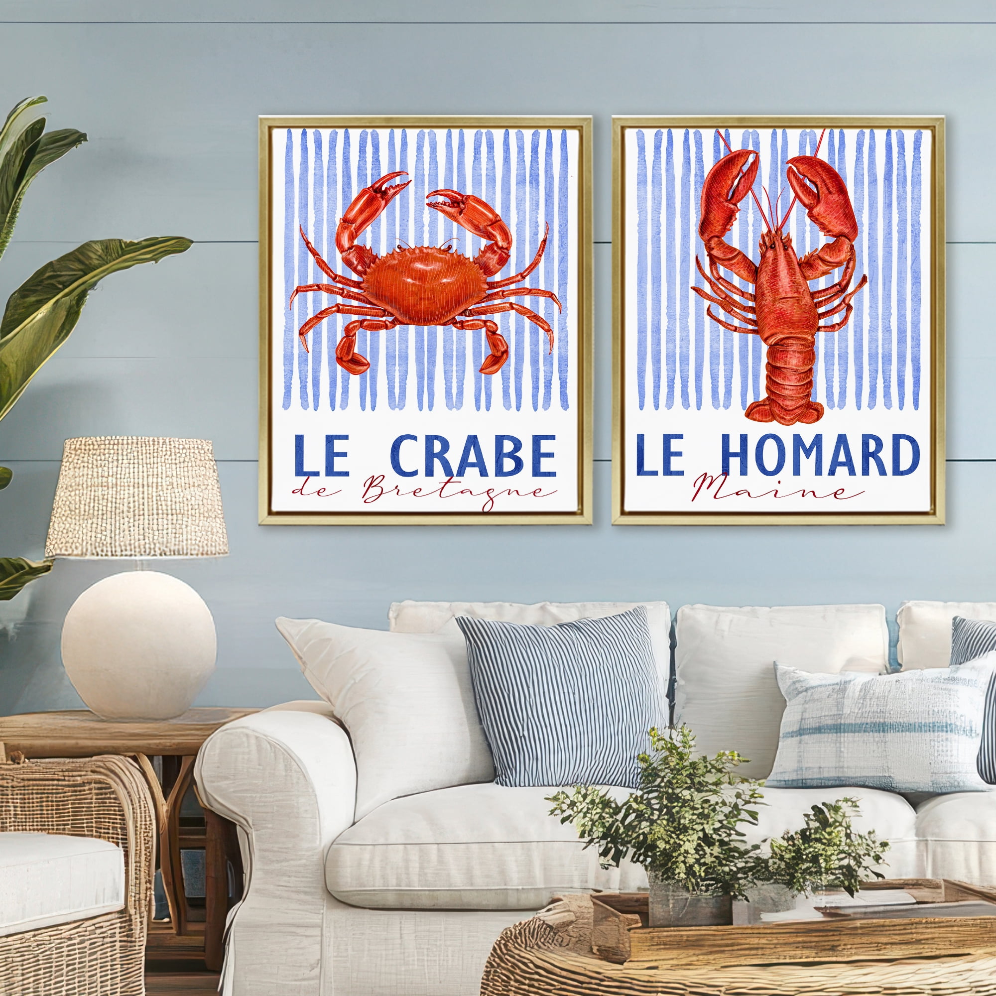 Stupell Industries Nautical Stripes Sea Creatures 2 Piece Gold Framed Floater Canvas Set, design by Kim Allen